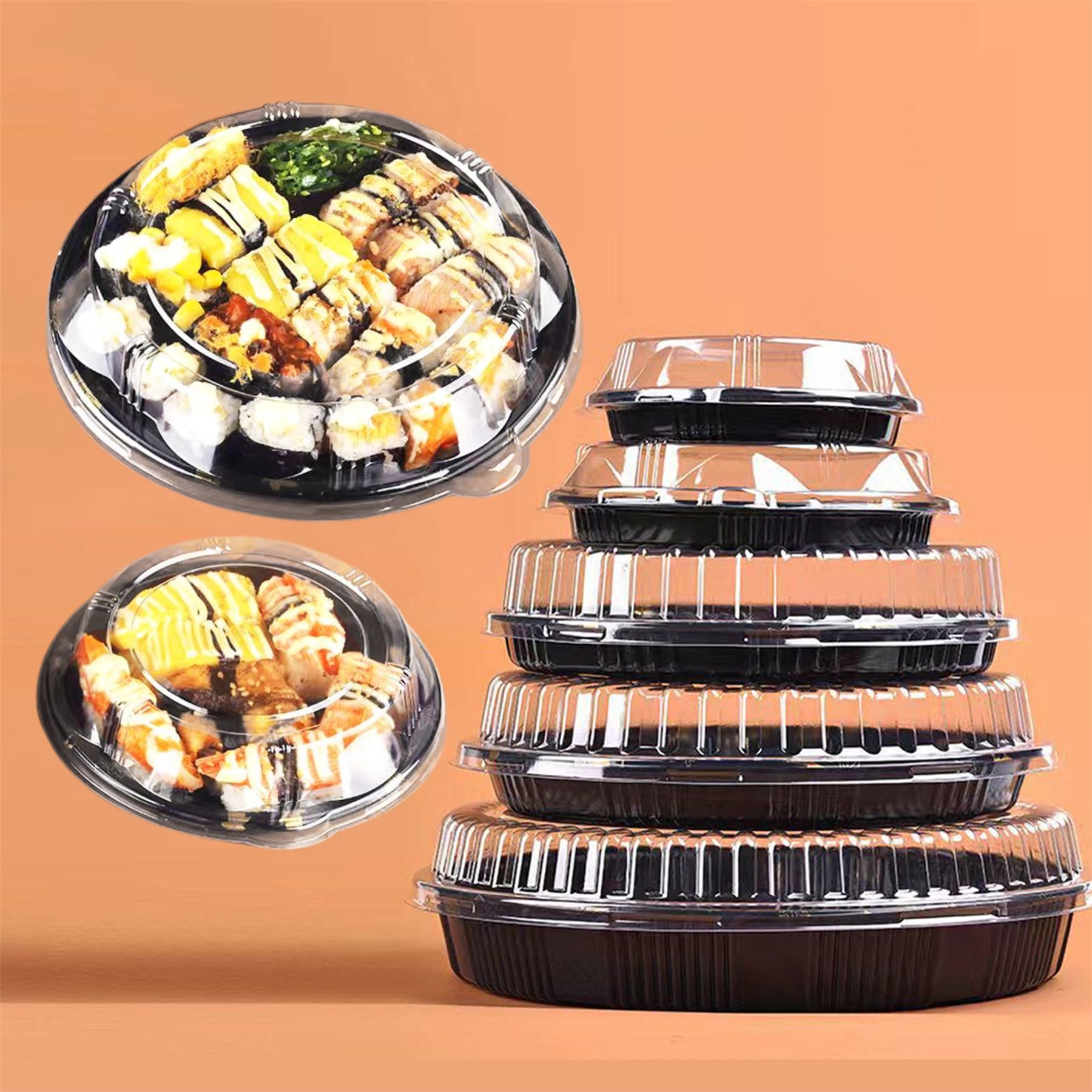 Large Disposable Clear Top Round Sushi Serving Platters - Transparent Plastic Cake Box