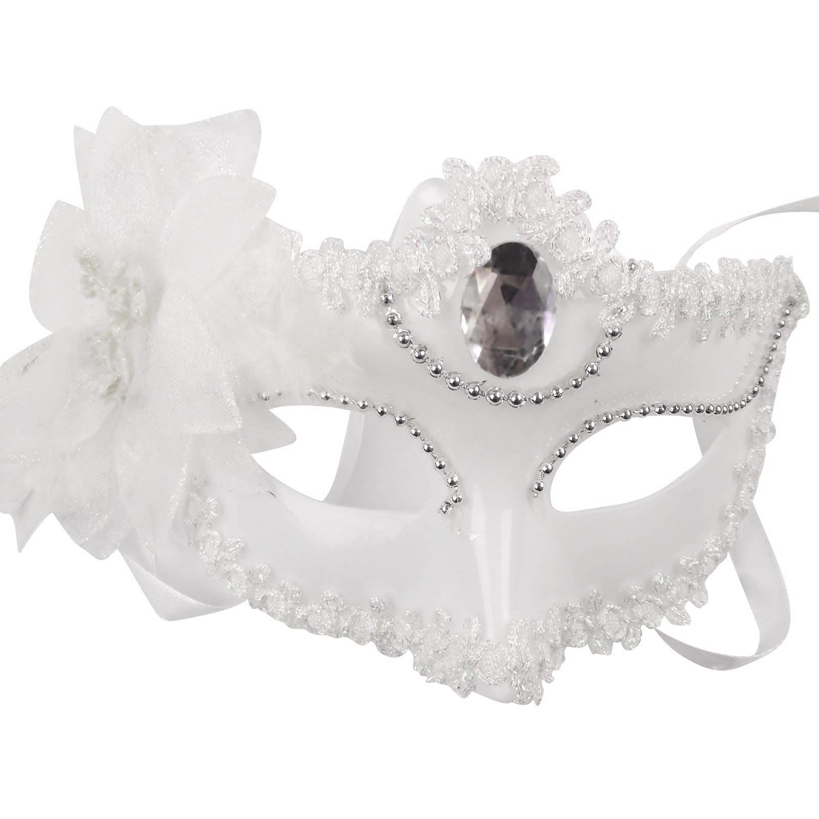 White Masquerade Mask with Flower and Jewel