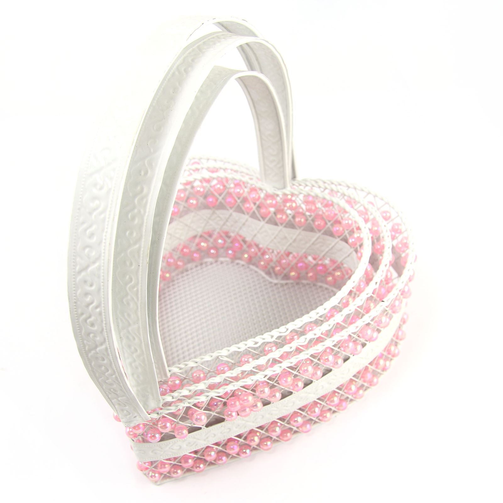 White Metal Heart Beaded Basket