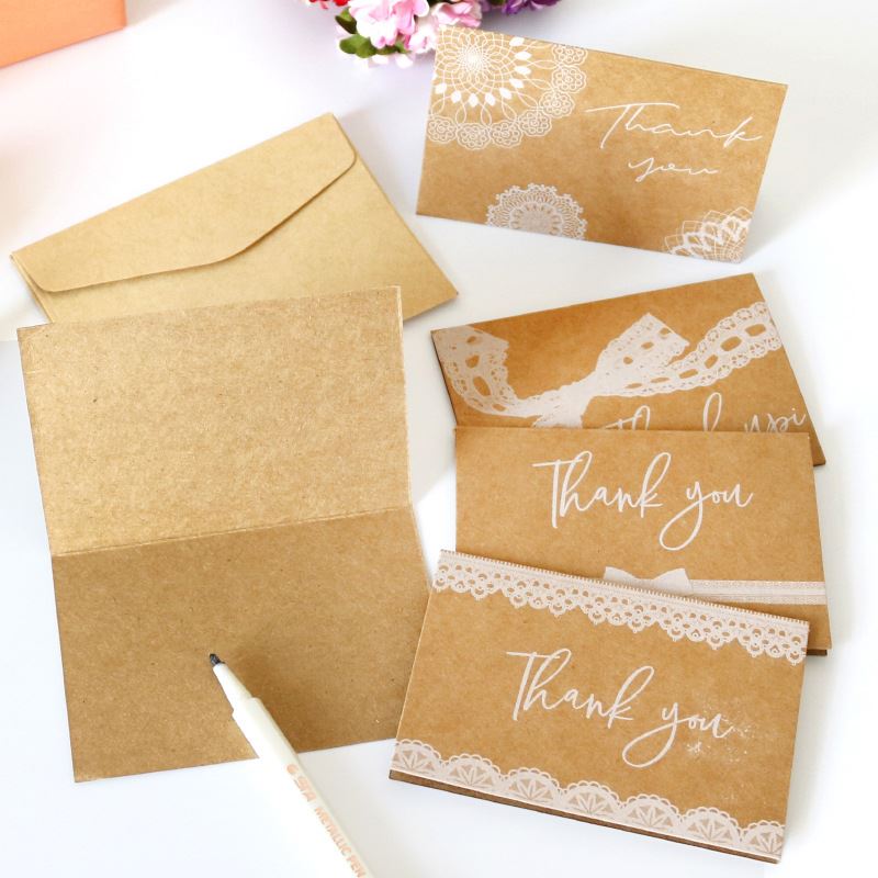 Set of 6 Vintage Kraft Lace Print Thank You Cards