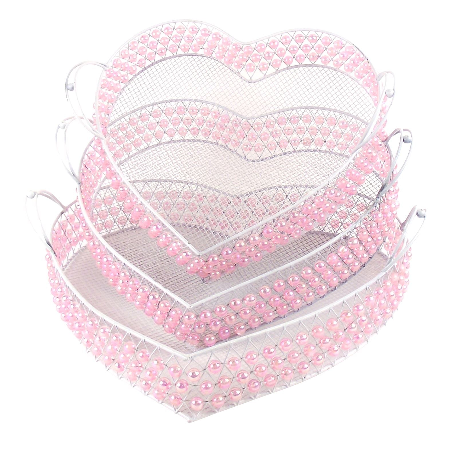 Set of 3 Large Metal Tray Baskets with Pearls