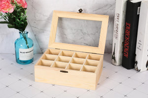 Real Wood Compartment Boxes w Window - Tea Storage Caddy Natural Craft Section