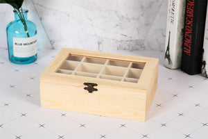 Real Wood Compartment Boxes w Window - Tea Storage Caddy Natural Craft Section