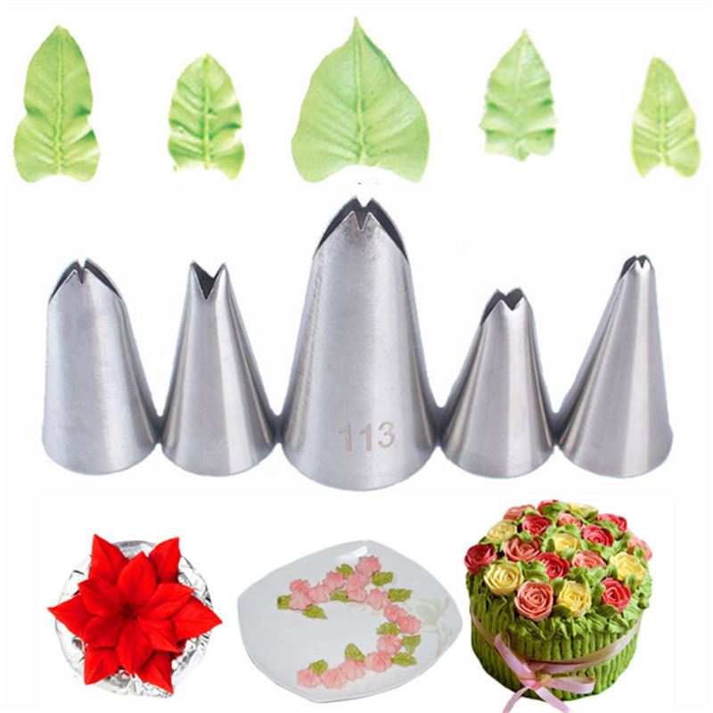 Set of 5 Notched Leaf Piping Nozzles - Leaf Flower Tip Cake Cream Decorating Baking Tools