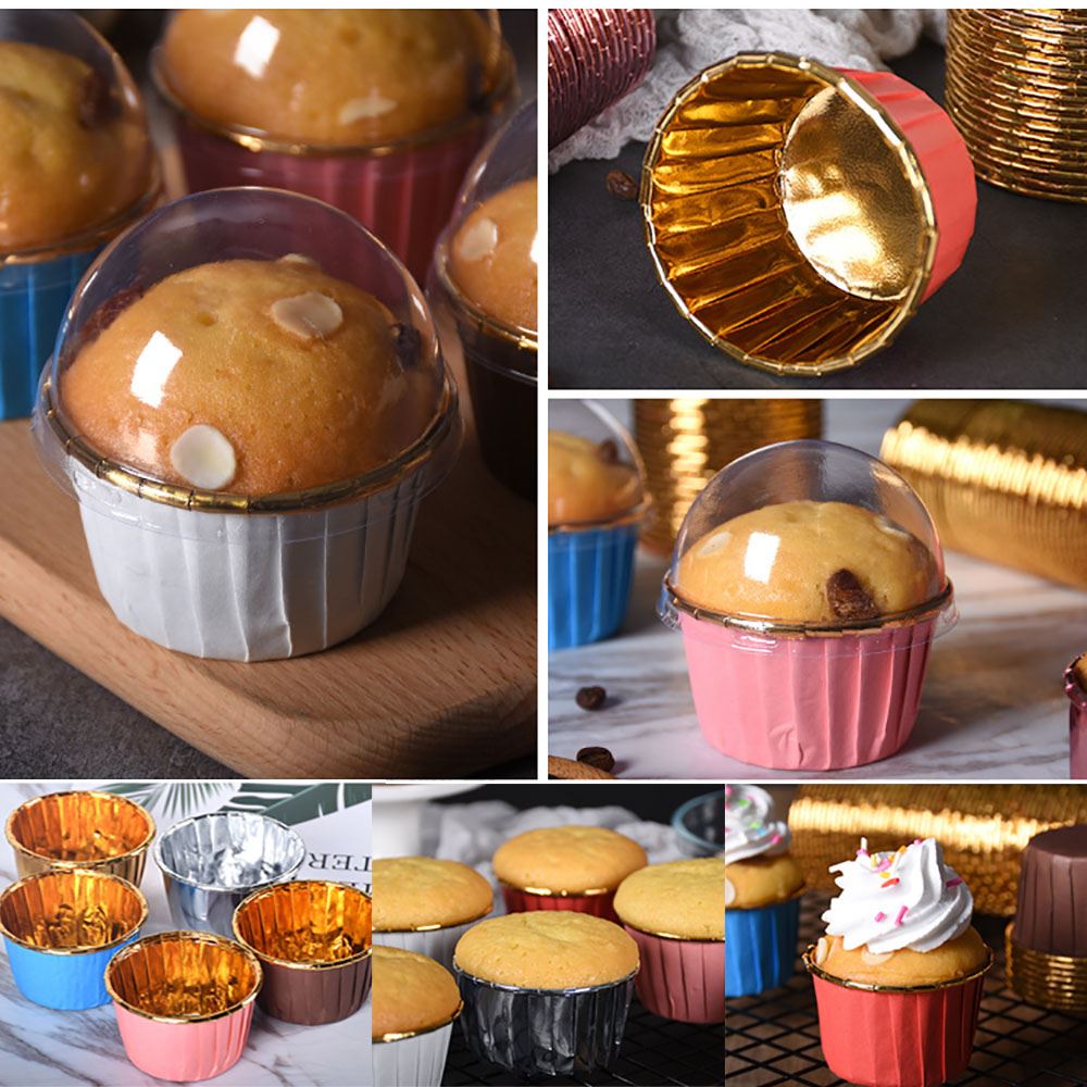 50x Hard Foil Cupcake Cases with Lids Muffin Pods Cup Gold Silver