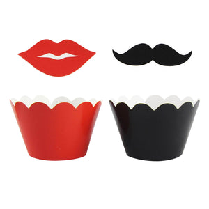 24 Piece Set of Moustache or Lips Cupcake Toppers and Wraps