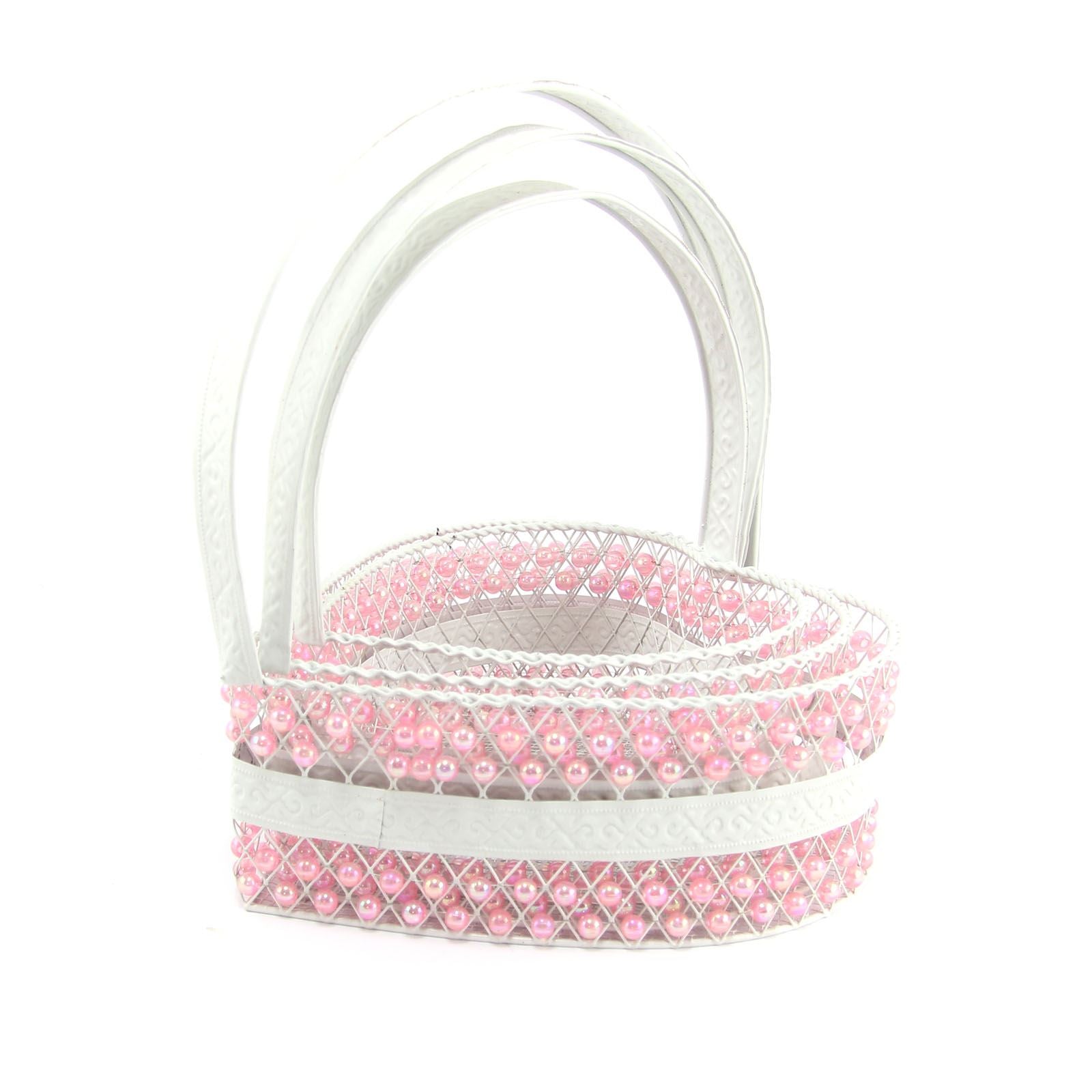 White Metal Heart Beaded Basket