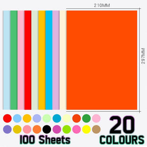 20 Colours Assorted 100 Sheets 75gsm A4 Size Color Paper - Printing Craft Multicolour