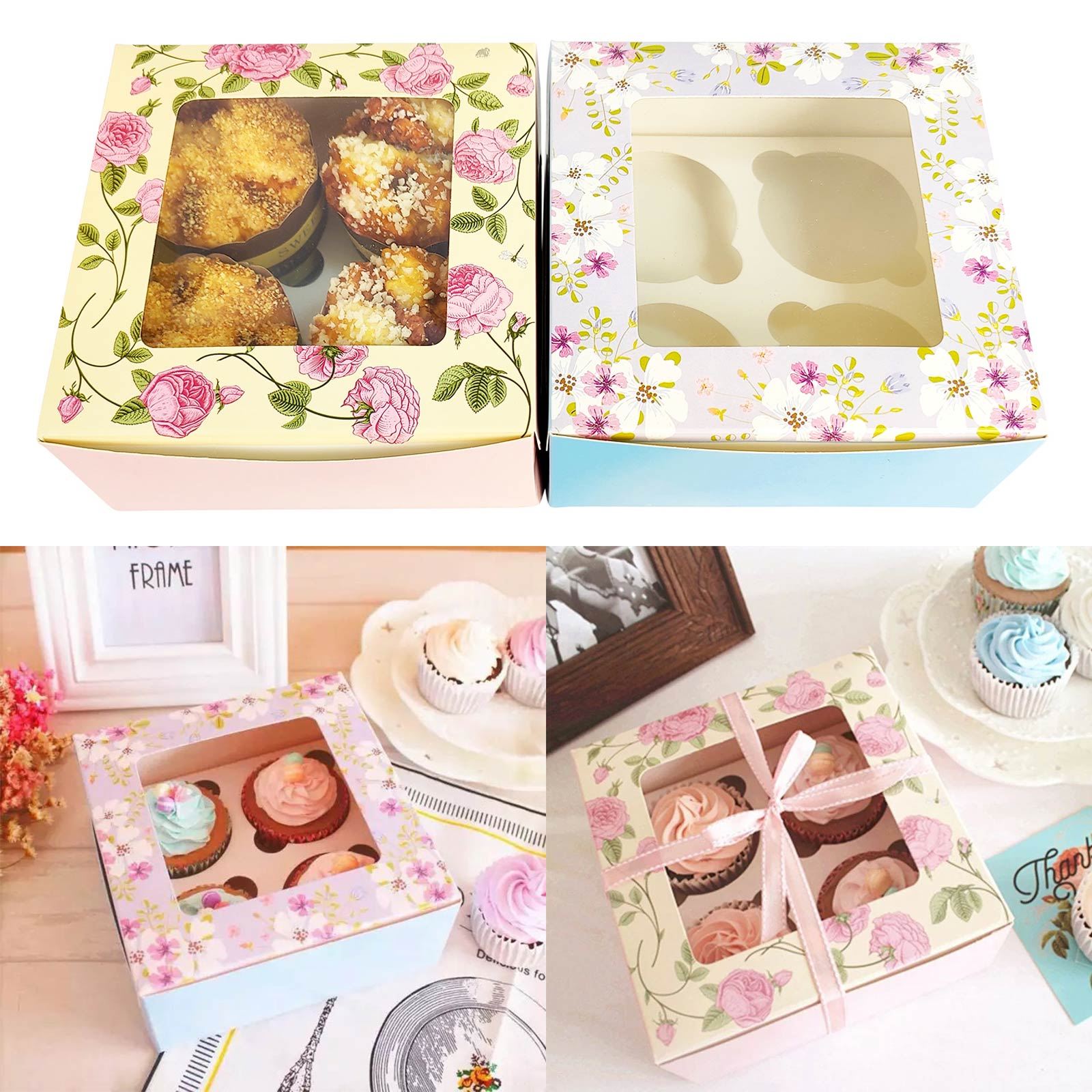 Vintage Floral Printed 4 Hole Cupcake Boxes