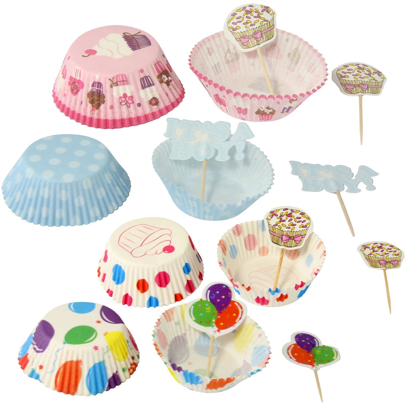 Patterned Cupcake Cases With Toppers (48 Piece)