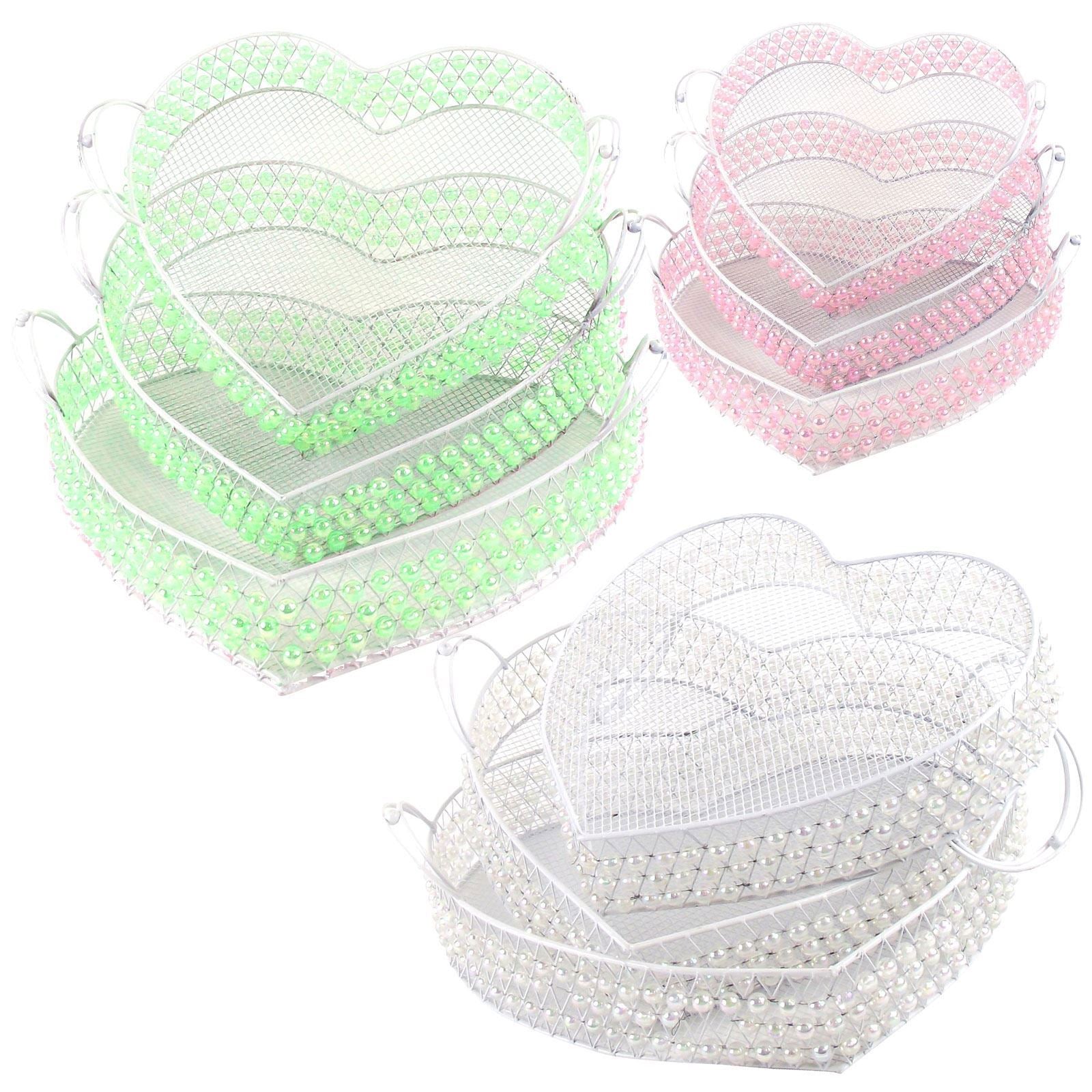 Set of 3 Large Metal Tray Baskets with Pearls