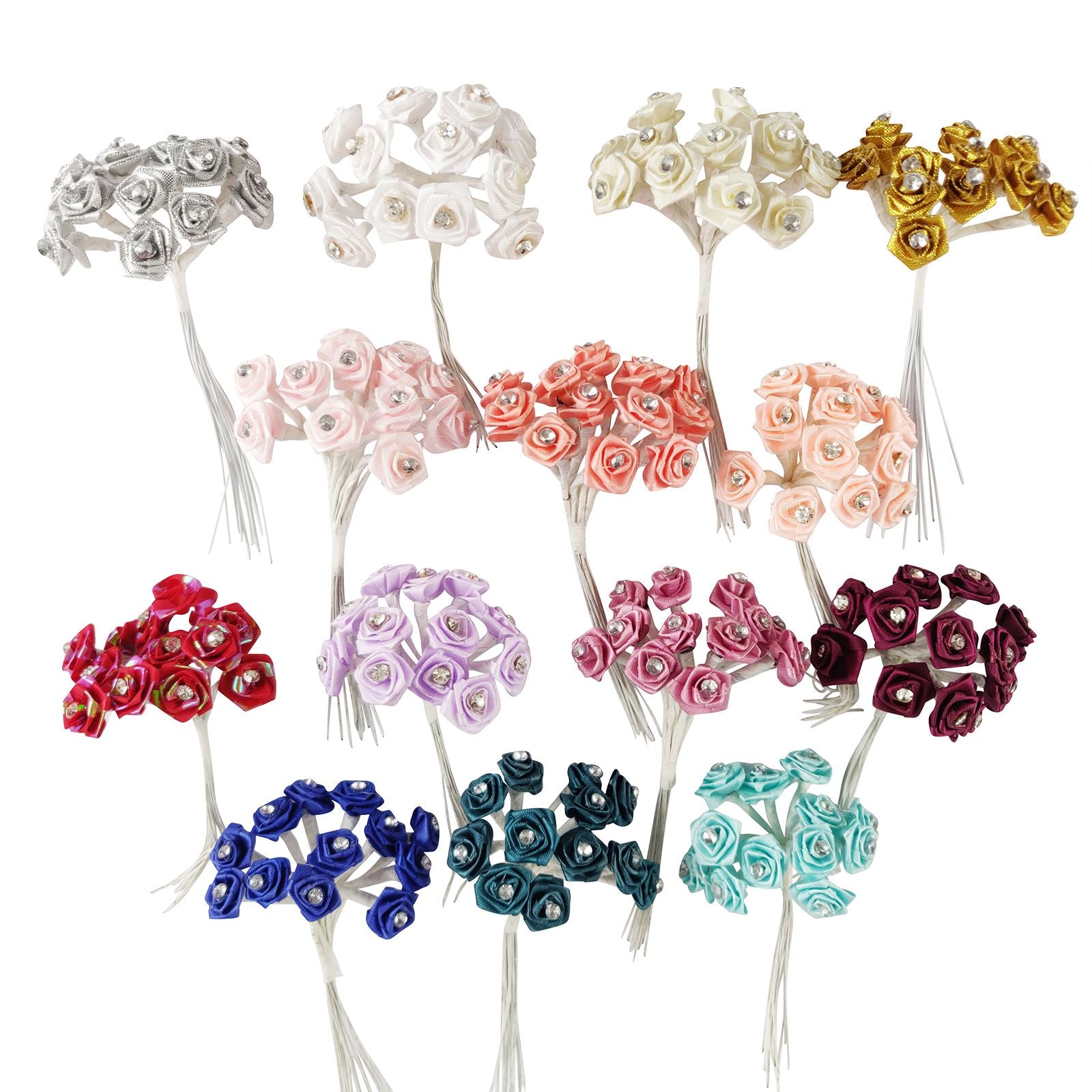 Bundle of 12 Mini Satin Diamante Roses