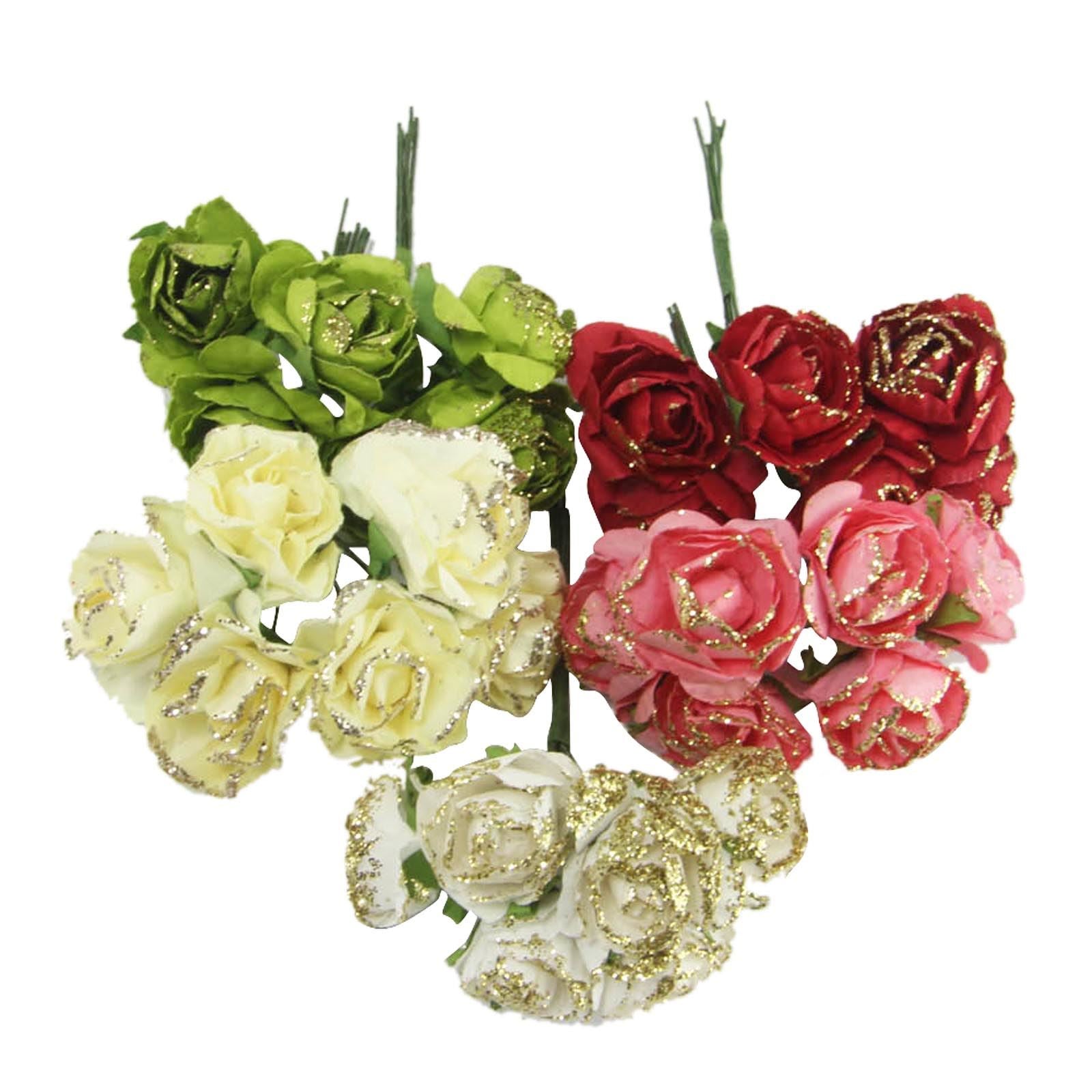 2x Bunches of Mini Paper Gold Glittered Roses