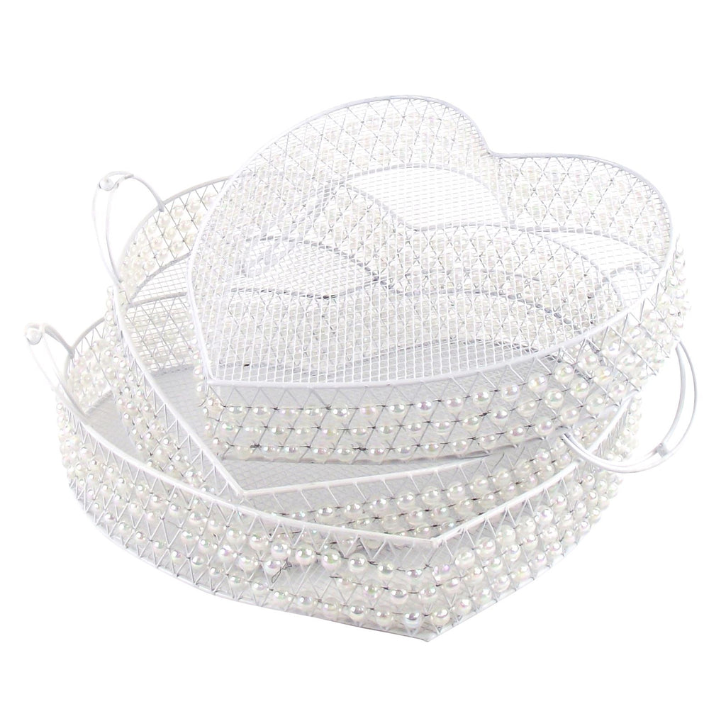 Set of 3 Large Metal Tray Baskets with Pearls