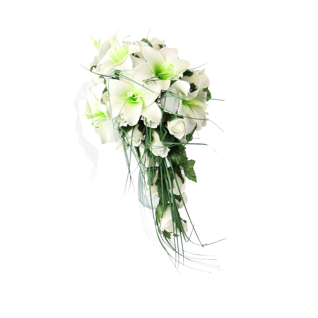 Teardrop Bridal Shower Bouquet with Lilies, Roses and Grass