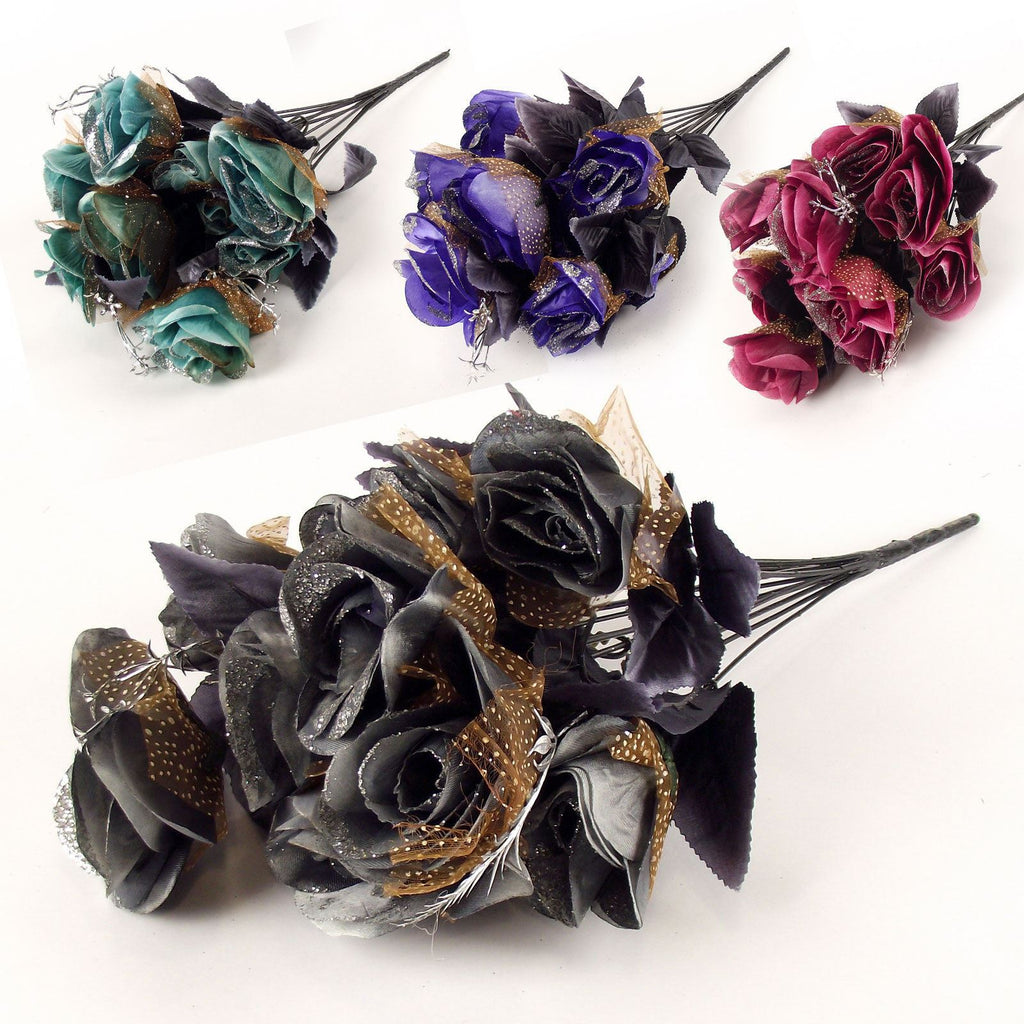12 Head Dark Gothic Roses with Tulle and Glitter