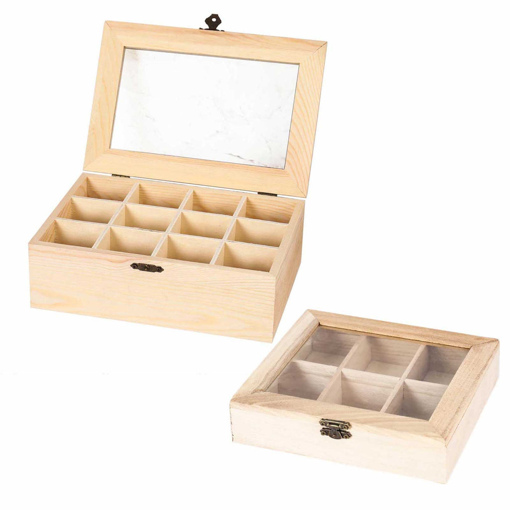 Real Wood Compartment Boxes w Window - Tea Storage Caddy Natural Craft Section