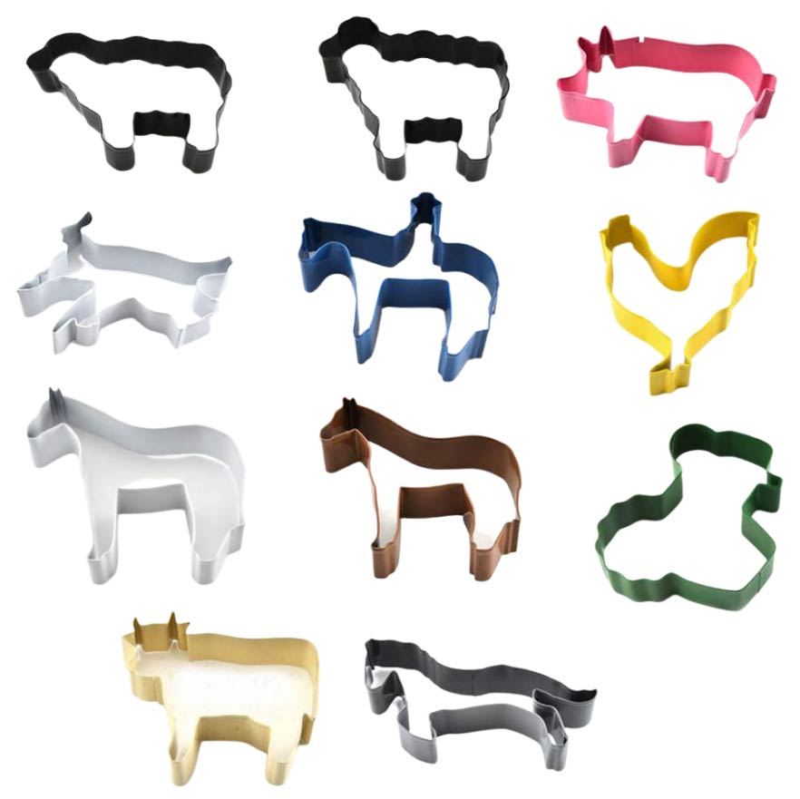 Set of 11 Large Premium Painted Stainless Steel Colourful Farm Animal Cookie Cutters