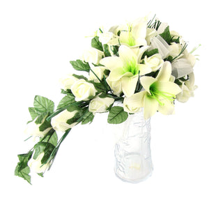 Teardrop Bridal Shower Bouquet with Lilies, Roses and Grass
