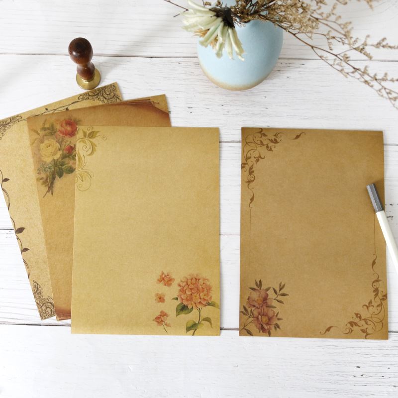 8x Luxury Vintage Watercolour Flower Print Writing Paper Kraft