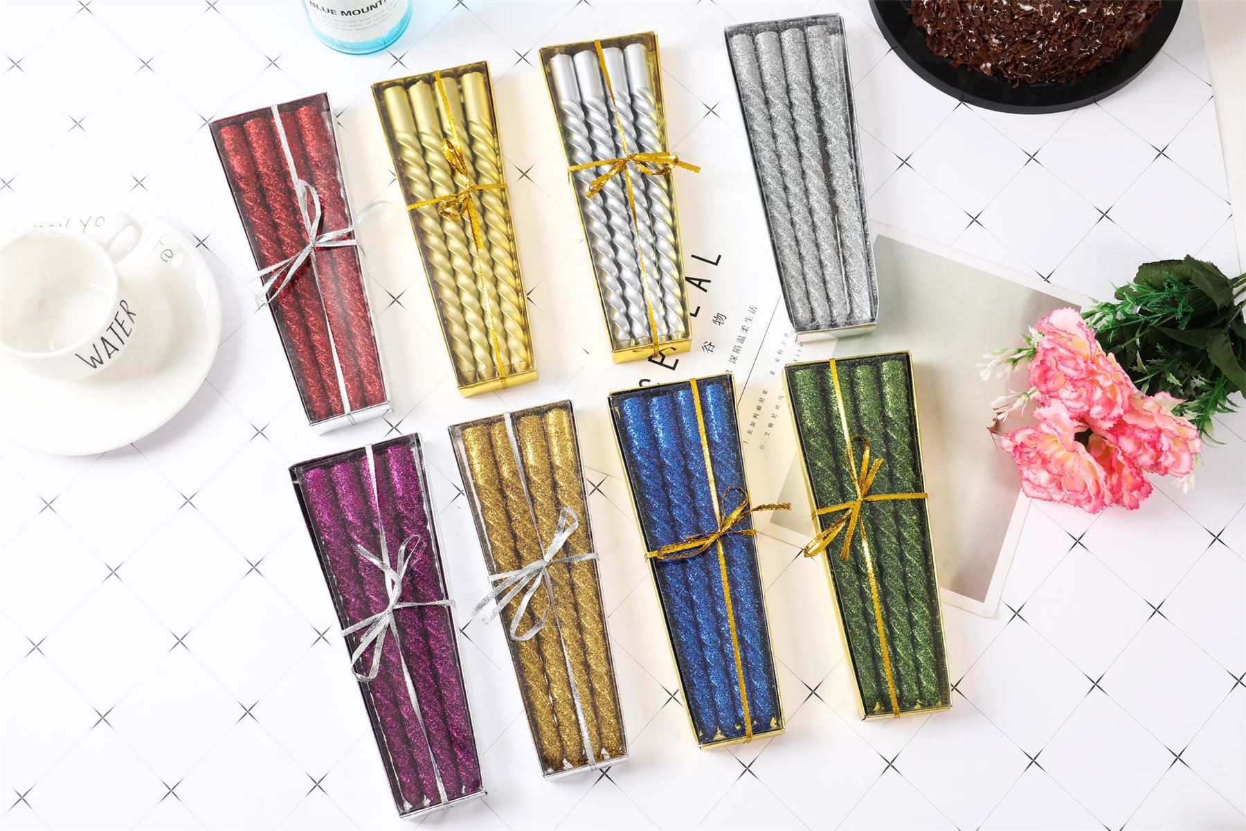 Full Glittered Metallic Taper Candles