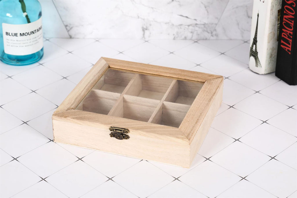 Real Wood Compartment Boxes w Window - Tea Storage Caddy Natural Craft Section
