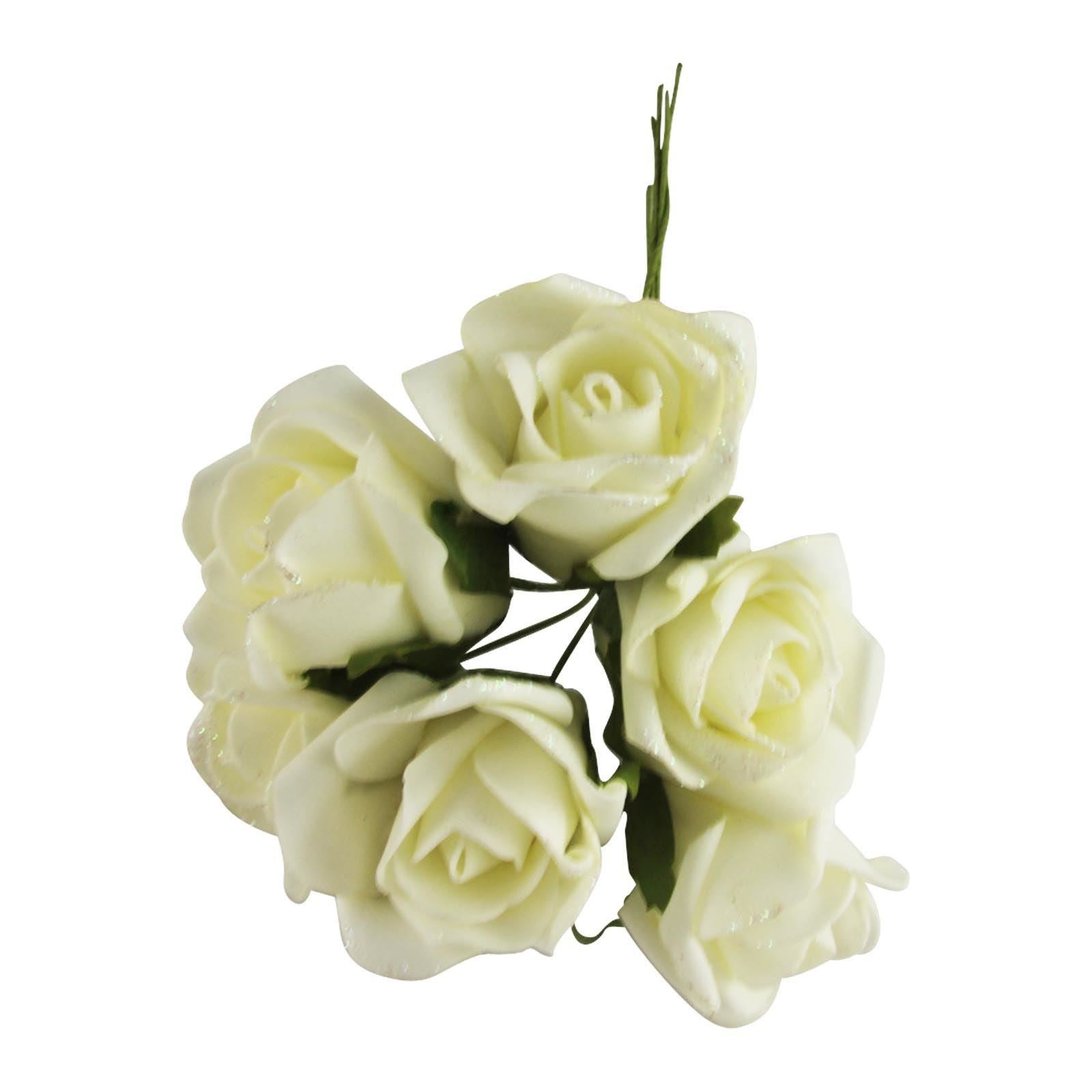 5 Bunches Ivory Glittered Foam Roses