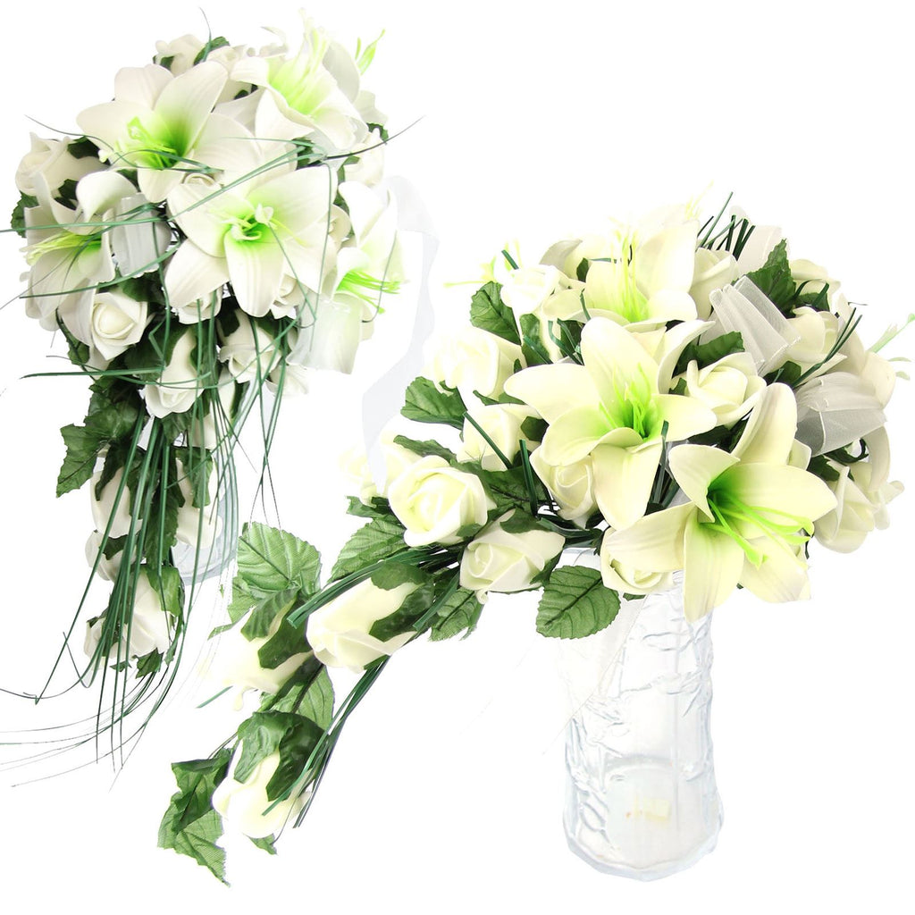Teardrop Bridal Shower Bouquet with Lilies, Roses and Grass