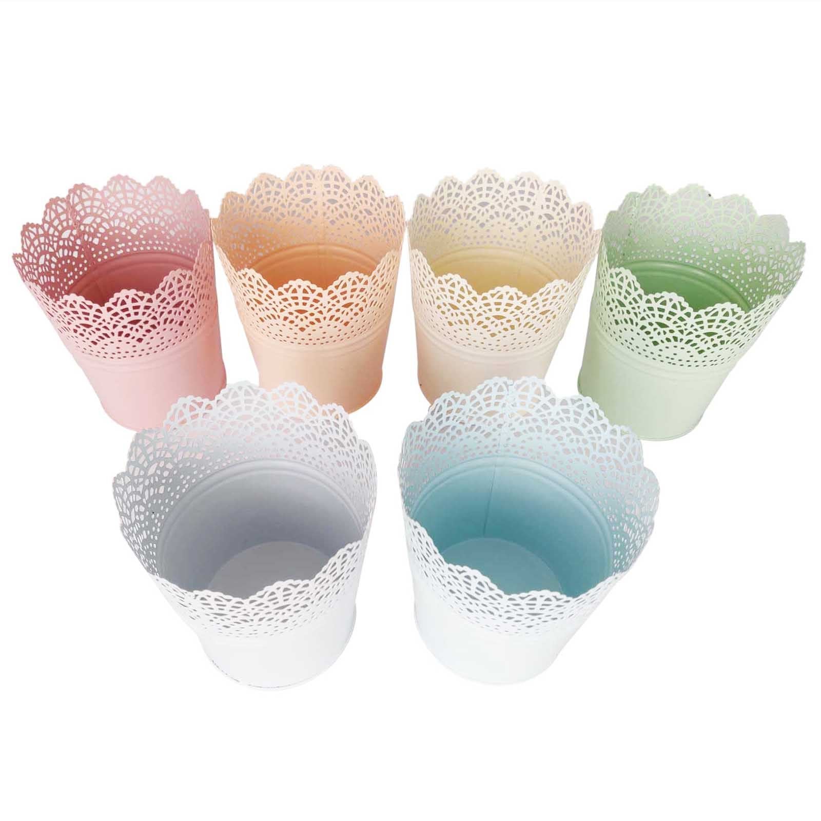 Set of 6 Pastel Lace Metal Buckets