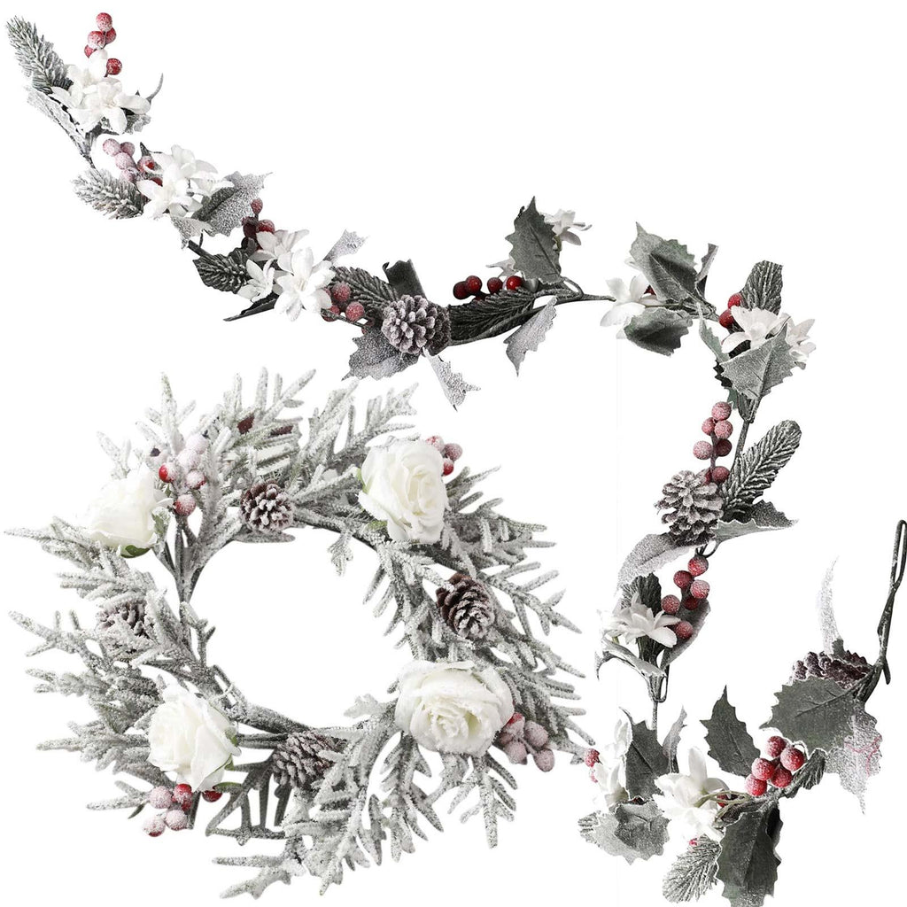 Premium Frosted Xmas Flower Wreath and Garland