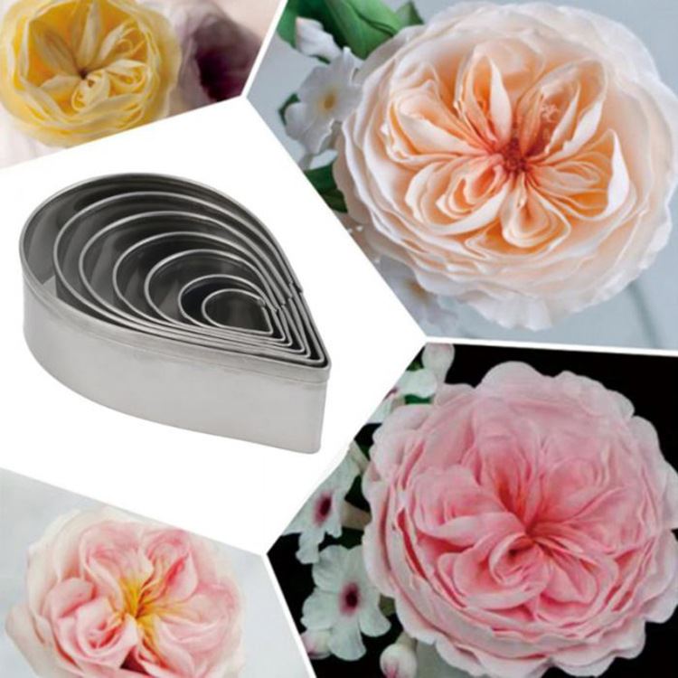 Set of 7 Rose Flower Petal Cookie Cutters - Stainless Steel English Fondant Sugar Flower Molds