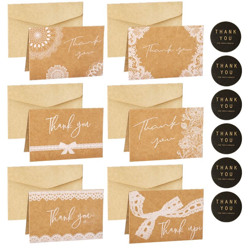 Set of 6 Vintage Kraft Lace Print Thank You Cards