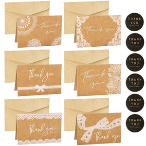 Set of 6 Vintage Kraft Lace Print Thank You Cards