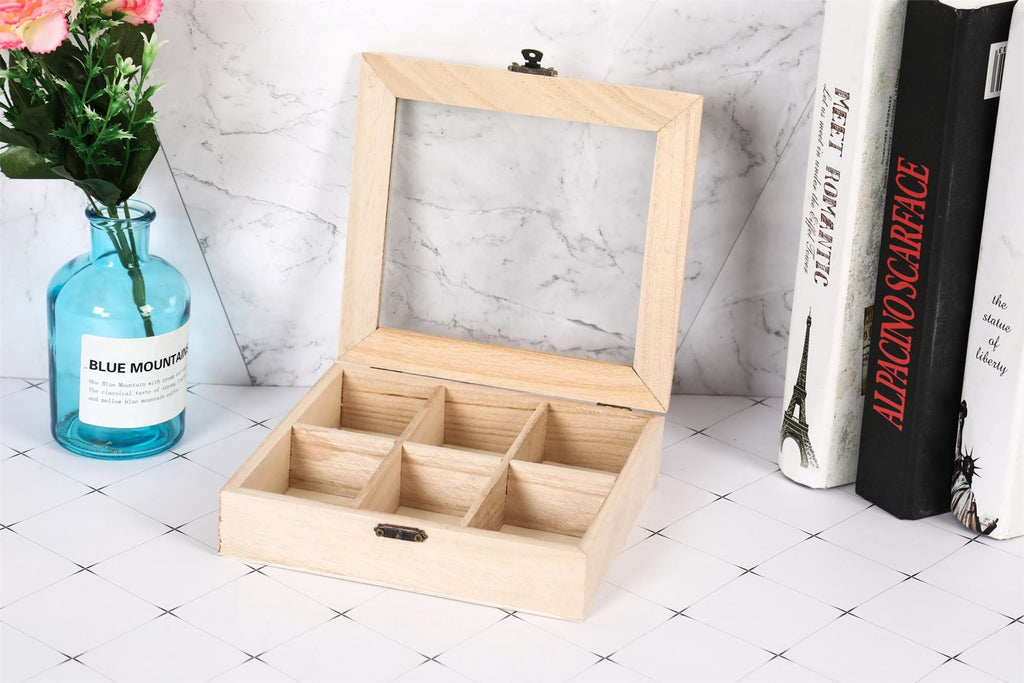 Real Wood Compartment Boxes w Window - Tea Storage Caddy Natural Craft Section