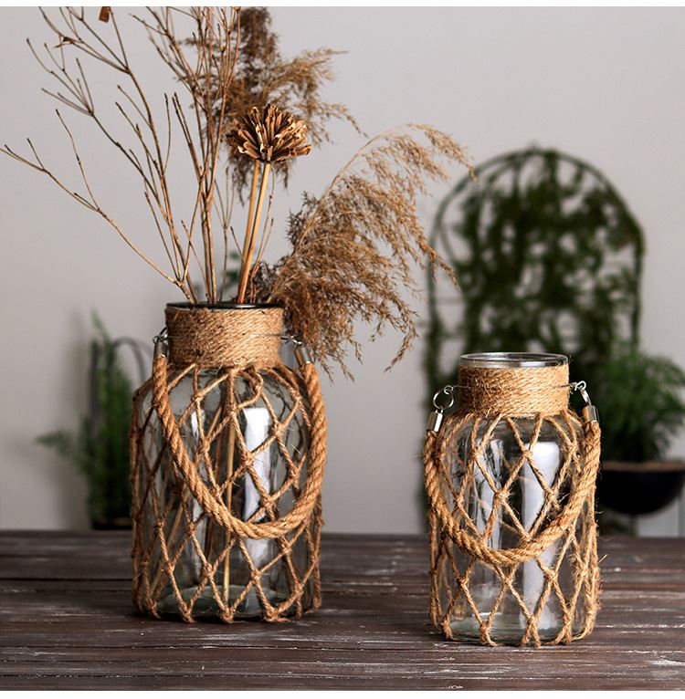 Luxury Hemp Rope Decorative Glass Vase - Hand Woven Transparent Vase Rustic Vintage