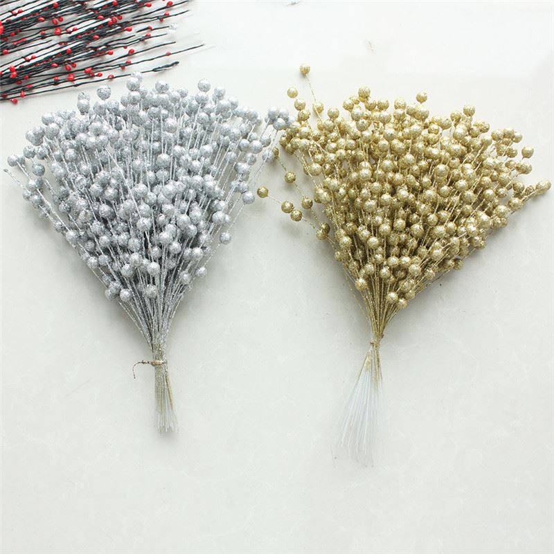 Gold Silver Glittered Berry Flower Bunches