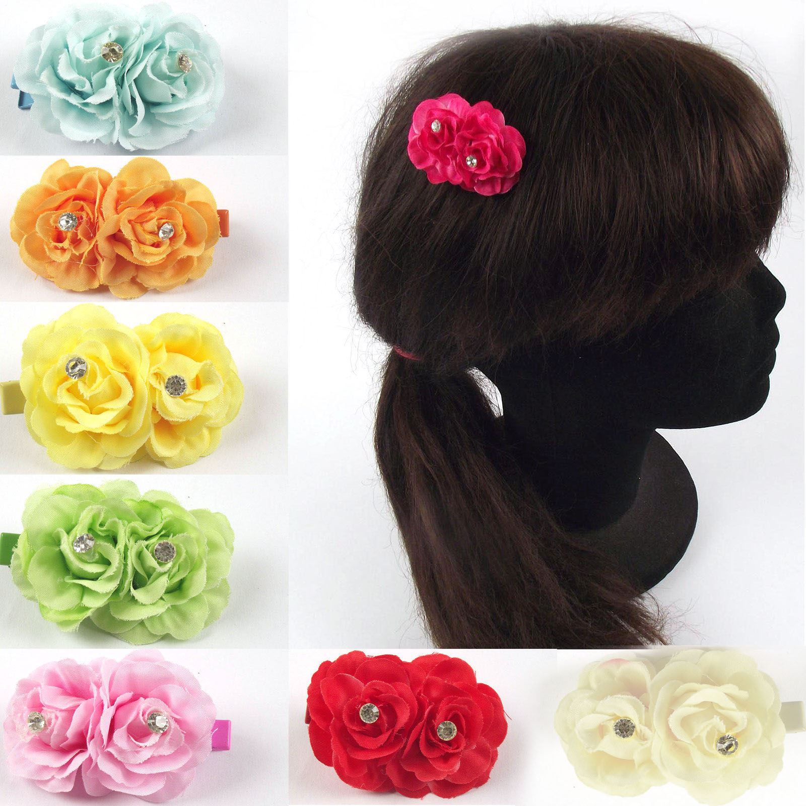 Small Double Rose and Diamante Hair Pin Clip