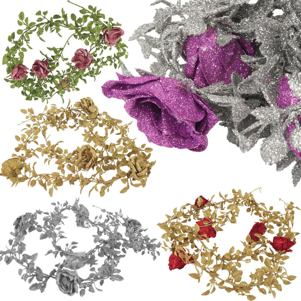 Heavy Glittered Rose Vine Garland