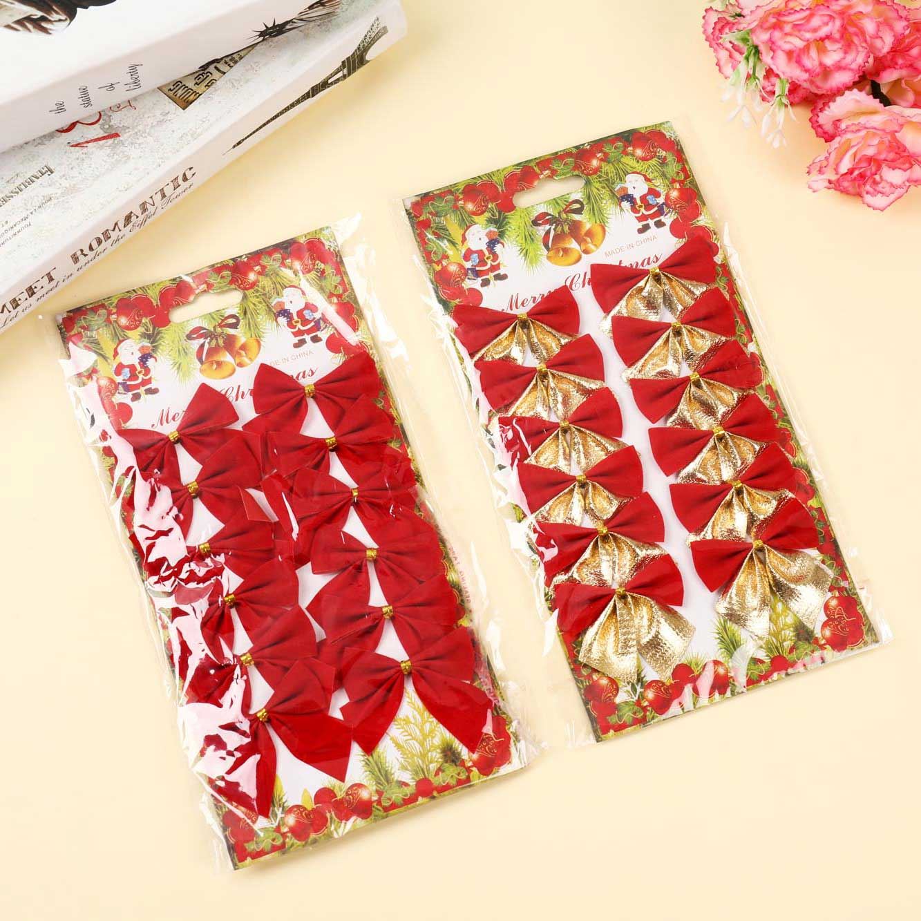 2x Packs of Gold and Red Satin Bows