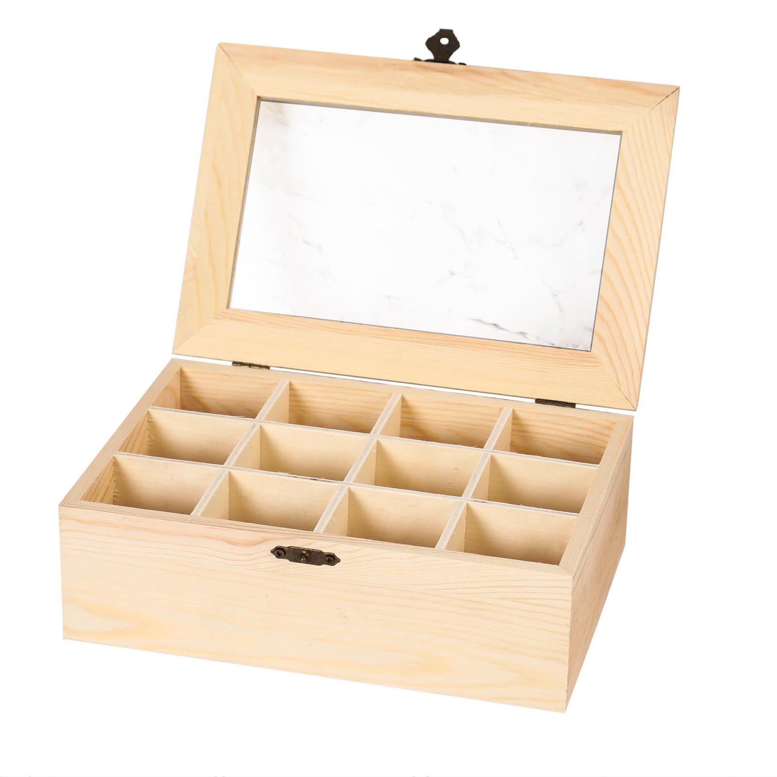 Real Wood Compartment Boxes w Window - Tea Storage Caddy Natural Craft Section