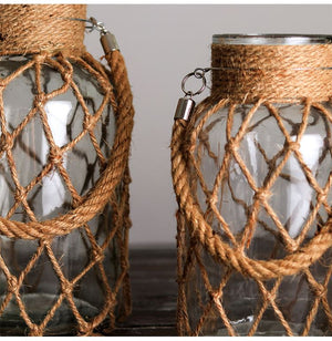 Luxury Hemp Rope Decorative Glass Vase - Hand Woven Transparent Vase Rustic Vintage