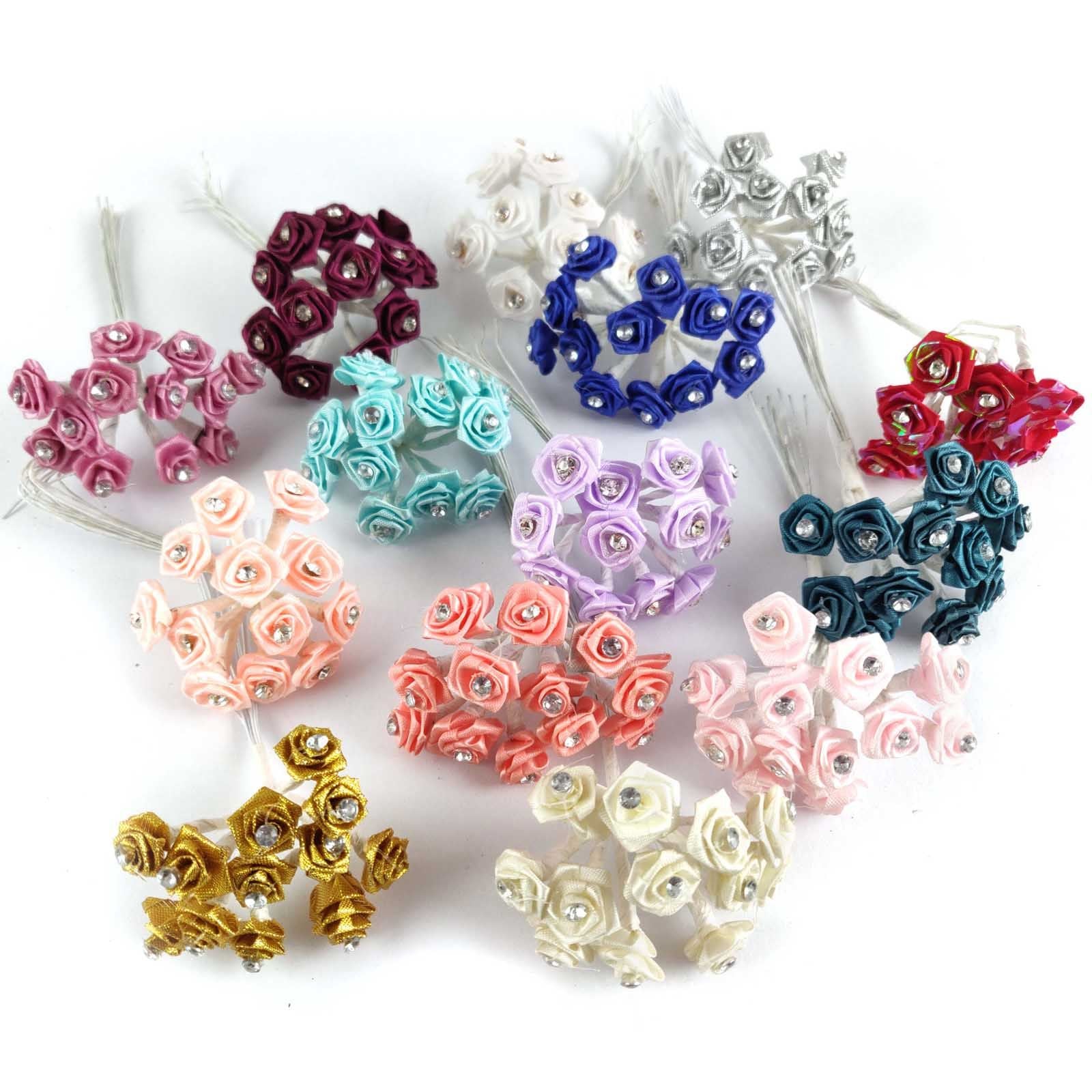Bundle of 12 Mini Satin Diamante Roses