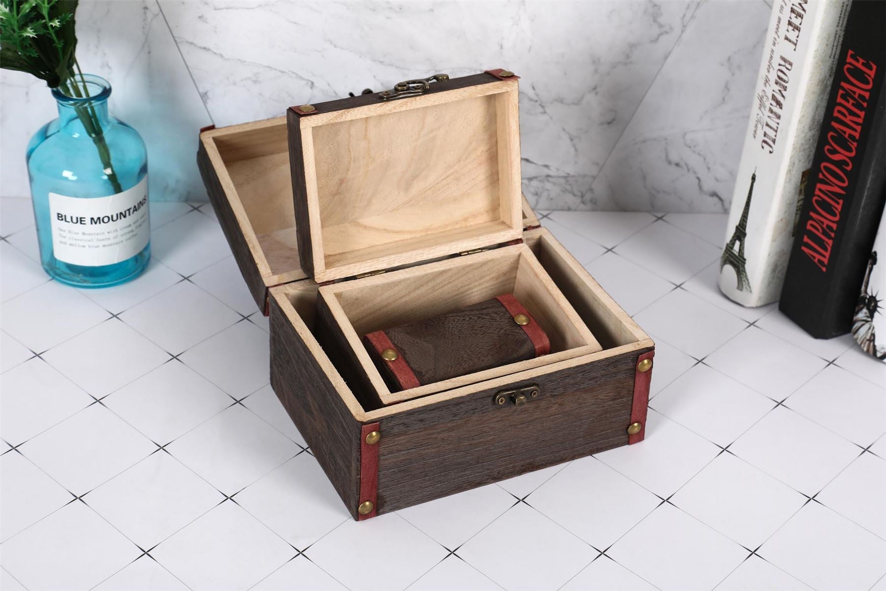 Set of 3 Dark Wood Mini Treasure Chests