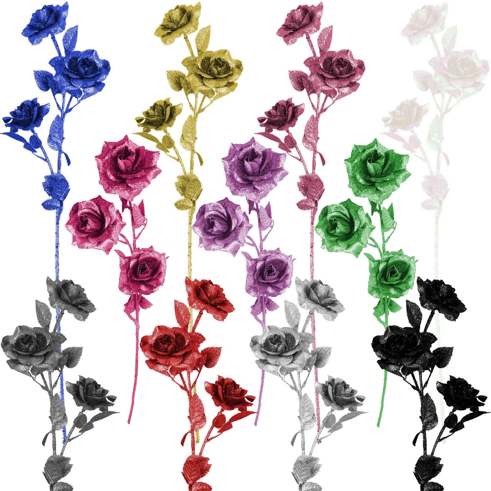 Heavy Glittered 3 Head Rose Spray