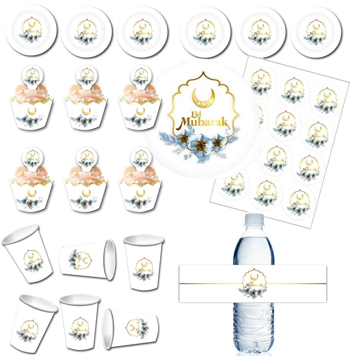 White Eid Mubarak Disposable Tableware Ramadan Plates Napkins Cups