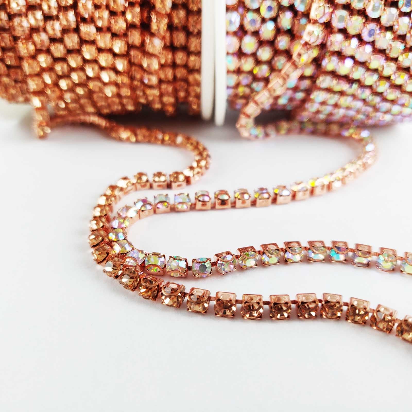 SS16 Rose Gold And Iridescent Rhinestone Chains