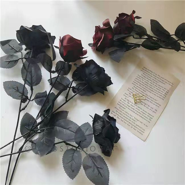 Luxury Gothic Large Rose Buds - Black Stem Dark Artificial Silk Flowers
